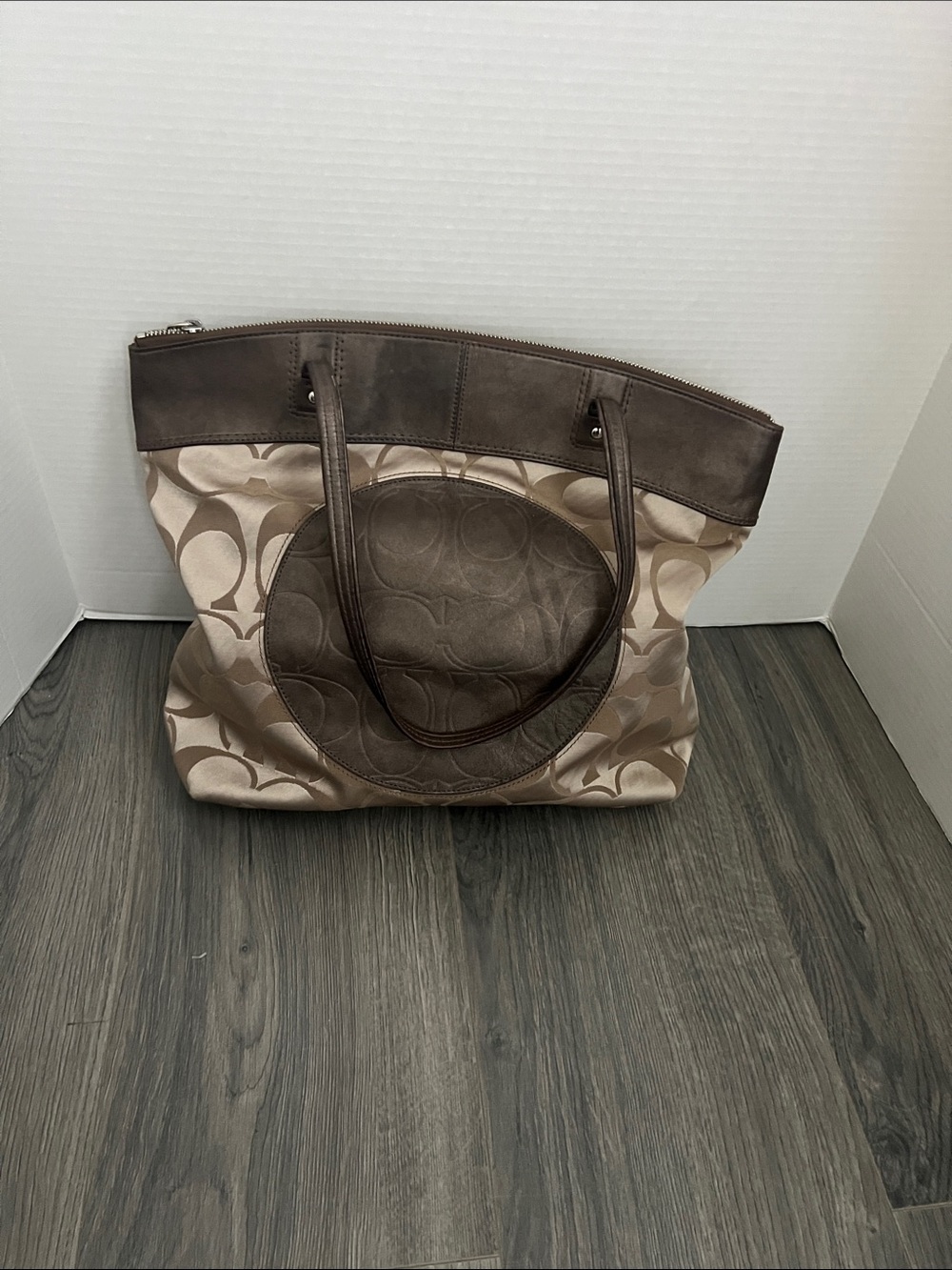 Coach Beige and Brown Signature Circle Tote